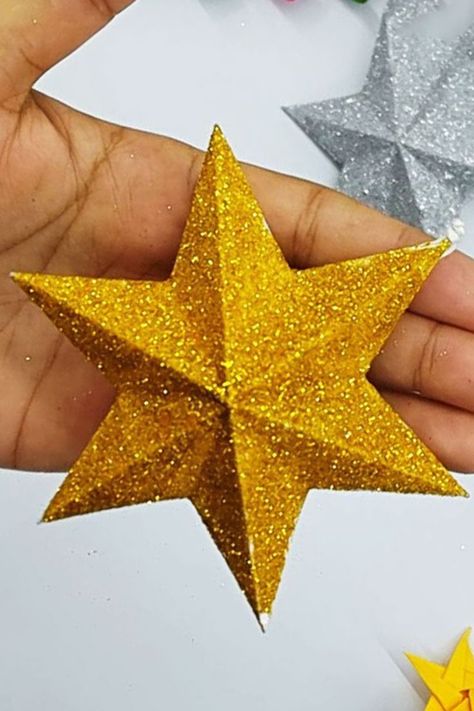 How to make christmas star with paper. Super easy christmas decoration idea .This christmas ornament is made of origami paper. #Star #Christmas #Ornament Star Making With Paper, Christmas Star Crafts, Star For Christmas, Glitter Paper Crafts, Foam Christmas Ornaments, Paper Rose Flower, Diy Christmas Star, Star Craft, Diy Christmas Decor