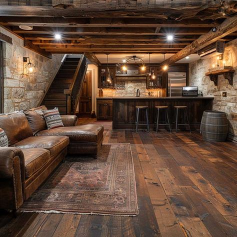 10 Stunning Basement Flooring Ideas with Engineered Hardwood • 333+ Art Images Fancy Basement Ideas, Western Style Basement, English Basement Ideas, Cabin Theme Basement, Stone Basement Ideas, Open Floor Plan Design Ideas, Stained Basement Floor, Large Basement Ideas Layout Open Concept, Best Basement Ideas