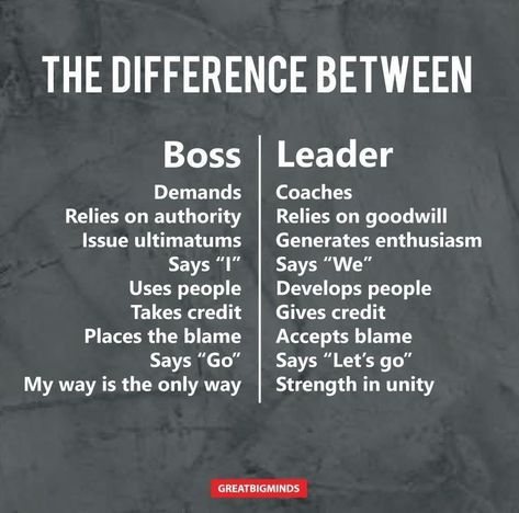 Difference Between A Boss And A Leader. For more inspiring quotes and sayings, visit www.greatbigminds.com Good Leaders Quotes, Best Boss Quotes, Great Leader Quotes, Boss And Leader, Good Boss, Leader Quotes, Entrepreneur Inspiration, Boss Quotes, Personal Quotes