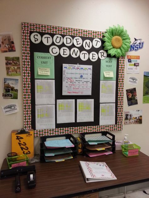 Love this idea of a student board for data. dry erase calender for events, and folders for students to turn papers in Math College, Teacher Desk Organization, Data Wall, Middle School Classroom Decor, Student Board, Classroom Decor High School, Arts Management, History Classroom, Teacher Desk