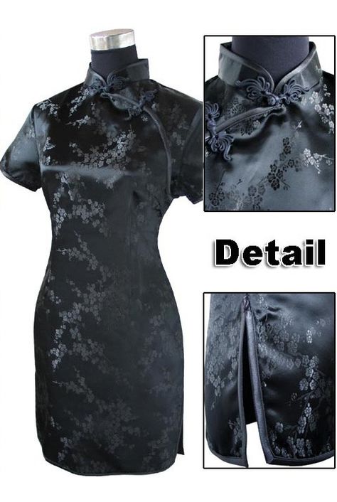 Periwing Black Satin Frog Button Plum Blossom Mini Chinese Dress Qipao Short Qipao, Cheongsam Top, Tang Suit, Traditional Chinese Dress, Qipao Dress, Dress Unique, Cheongsam Dress, Dress Satin, Flower Dress