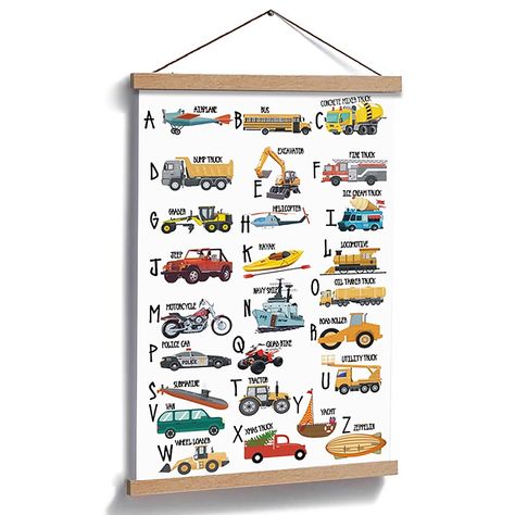 Alphabet Cars, Cartoon Construction, Boy Room Wall Decor, Colorful Alphabet, Cars Art, Transportation Poster, Strong Magnets, Love Canvas, Hanging Frames