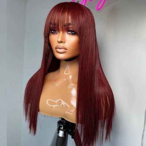 99J Human Hair Wigs with Fringe Glueless Burgundy Red Straight Remy Wigs for Women Full Machine Made Wig Perruque Cheveux Humain 24inches-United States-#1B Remy Wigs, Hair Color Burgundy, Hair Tape, Brazilian Remy Hair, Burgundy Hair, Wig With Bangs, Hair Problems, Long Straight Hair, Hair Wear
