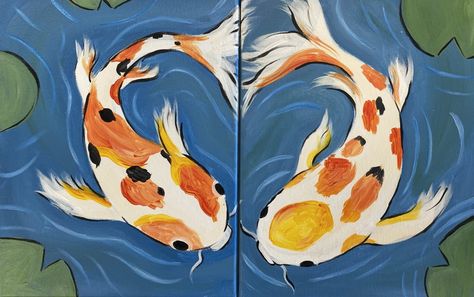Continuous Painting On Canvas, Couple Sip And Paint Ideas, Matching Paintings Ideas, Couples Paint And Sip Ideas, 2 Paintings That Go Together, Duo Canvas Painting Ideas, Matching Painting Ideas On Canvas, Painting Ideas Koi Fish, 2 Canvas Painting Ideas Couple