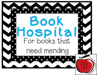 Free Book Hospital Sign After many years of having stacks of books to repair laying all around my desk or in drawers I decided to create a book hospital that I keep with my classroom library. I have a basket where students place damaged books and then when I have time (let's be honest---when it gets full) I can gather the books from one place and repair/discard them. Here is a book hospital label for you to use! Just click on the picture to get a copy of the labels.Cheers 3-5 book basket labels Book Basket Labels, Book Hospital, Hospital Sign, Abc Centers, Book Basket, Hospital Signs, Create A Book, Library Organization, Class Library