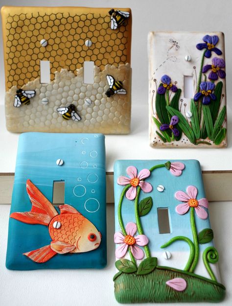 "Let there Bee Light," Irises, Koi, and Pink flowers light switch plates | by melissa_terlizzi Polymer Clay Tutorials, Light Switch Cover Ideas, Light Switch Covers Diy, Fimo Diy, Hantverk Diy, Diy Fimo, Diy Polymer Clay, Fimo Polymer Clay, Polymer Clay Diy