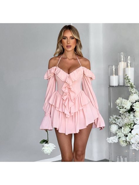 2 Colors for Choice. Perfect for Parties. Ruffle Dress Short, Winter Mini Dresses, Trendy Fall Fashion, Romper Designs, Halter Romper, Flare Sleeve Dress, Ruffle Long Sleeve, Trendy Fall, Ruffle Mini Dress