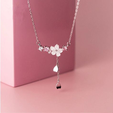 Sterling Silver Pink Sakura Cherry Blossom Petal White Zircon Necklace. Length is 18 inches Coron, Cherry Blossoms Flower, Cherry Blossom Necklace, Cherry Blossom Petals, Pink Sakura, Zircon Necklace, Long Tassel Necklace, Romantic Jewellery, Cherry Blossom Flowers