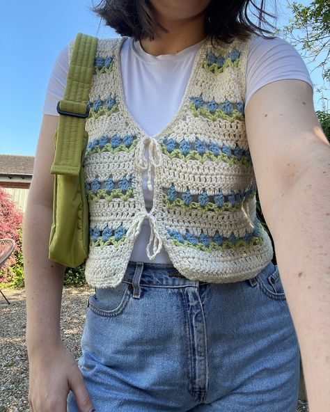 My favourite piece for spring/summer! 🌷Last chance to get 3 for 2 crochet patterns on my website with code ‘342PATTERNS’ ends Friday!! Styling Crochet Pieces, Crochet Waistcoat Outfit, Crochet Loose Tank Top, Crochet Sweater Vest Ideas, Knit Vest Summer, Summer Crochet Clothing, Crochet Design Ideas, Crotched Outfits, Indie Crochet Ideas