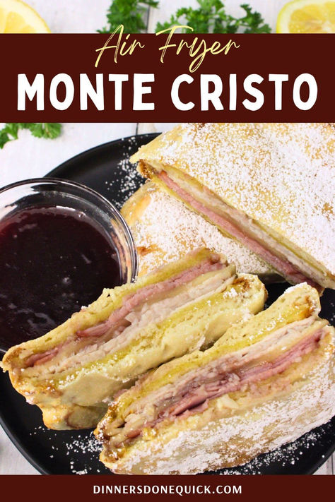 Recreate the magic of Disneyland at home with our copycat Air Fryer Monte Cristo sandwich recipe! This delicious dish combines ham, turkey, and Swiss cheese, all perfectly fried in an air fryer. Topped with powdered sugar and served with a side of jam, it's a perfect blend of sweet and savory flavors. Ideal for breakfast, brunch, or a quick dinner. Click through for the full recipe and insider tips to make this iconic Disneyland treat in your own kitchen! Disneyland Copycat Recipes, Air Fryer Sandwiches, Raspberry Streusel Muffins, Disneyland Recipes, Monte Cristo Sandwich Recipe, Disneyland Treats, Taco Bell Crunchwrap Supreme, Avocado Egg Rolls, Monte Cristo Sandwich