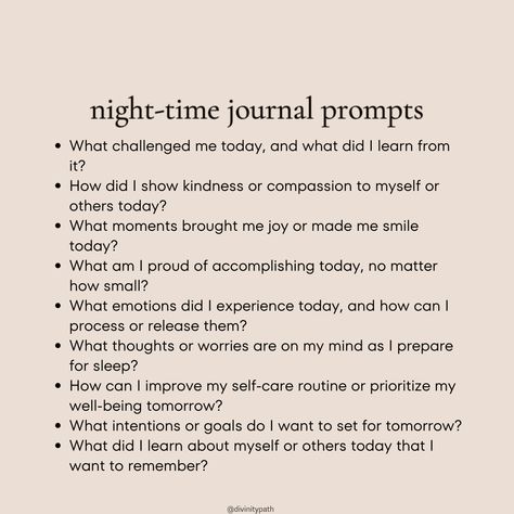 Unwind and reflect with these night time journal prompts! Perfect for cozying up before bed and letting your thoughts flow. Explore topics like gratitude, self-discovery, and goal-setting as you wind down for the night. Grab your favorite journal and pen, and get ready to dive deep into your innermost thoughts. #journalprompts #nighttime #selfreflection Journal Ideas Night Routine, Night Time Reflection Journal, Journal Prompts Morning And Night, Night Journaling Prompts, Night Gratitude Journal, Nightly Journal Prompts, Night Time Journal Prompts, Bujo Prompts, Night Time Journal