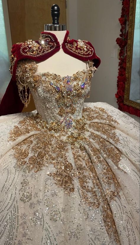 Gold Princess Dresses, Royal Prom Theme Dress, Royalty Quinceanera Dresses, Virgin Mary Quinceanera Dress, Royalty Prom Dress, White And Gold Quince Dress, Yellow Quince Dress, Gold 15 Dresses Quinceanera, Red And Gold Quinceanera Dresses
