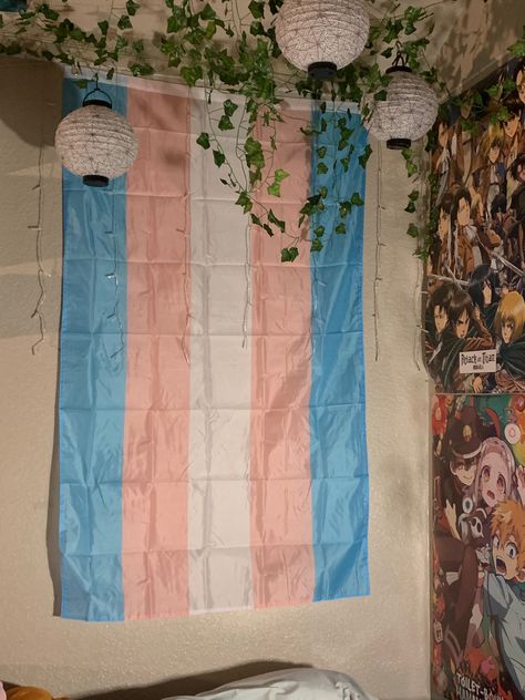 Trans Flag On Wall, Trans Flag Aesthetic, Demisexual Wallpaper, Flag On Wall, Trans Aesthetic, Character Bedroom, Lgbtq Aesthetic, Indie Room Ideas, Alien Plush