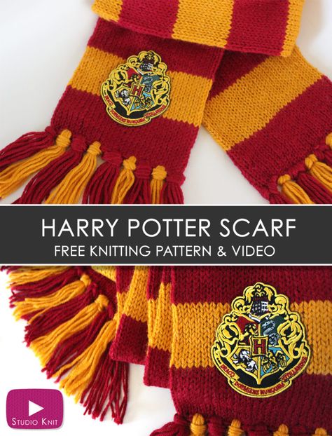 How to Knit a Harry Potter Gryffindor Scarf with Studio Knit   Free Knitting Pattern Harry Potter Scarf Pattern, Harry Potter Gryffindor Scarf, Ravenclaw Scarf, Harry Potter Knit, Gryffindor Scarf, Harry Potter Scarf, Harry Potter Crochet, Studio Knit, Anniversaire Harry Potter