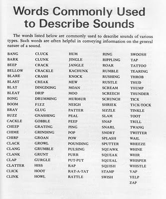 Via Audra Wolowiec's beautiful blog Lineforms. bang, bark, beep, bellow, blare, blast, bleat, bong, boom, bray, buzz, cackle, cheep, chime, clack, clank, clap, clatter, clink, cluck, clunk, crack, ... Feedback Examples, Student Feedback, Materi Bahasa Inggris, Descriptive Words, Word Choice, English Writing Skills, Words To Use, English Writing, Book Writing Tips