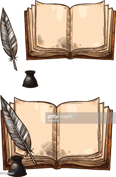 stock illustration : Vector old books and ink quill feather pens Open Book Drawing, Ink Quill, Drawing With Colored Pencils, Feather Pens, Etiquette Vintage, Feather Pen, Siluete Umane, Book Tattoo, Book Drawing