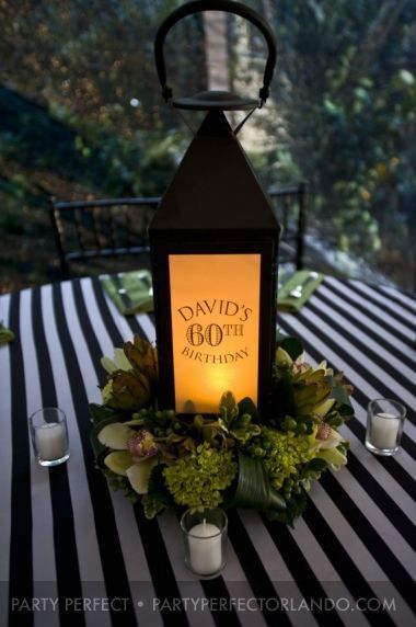 Centerpiece ideas - Love this striking lantern that's personalized with the name and event!   Click through to see the different sides of the lantern – the other sides feature pictures of the guest of honor.  Wonderful table centerpiece idea for a milestone birthday, wedding, or anniversary!  #centerpieces #party #partydecor #partyideas #birthday #birthdaydecorations 60th Birthday Centerpieces, Birthday Centerpiece, Milestone Birthday Party, Birthday Table Decorations, 90's Birthday Party, Lantern Centerpieces, Birthday Party Centerpieces, 80th Birthday Party, 70th Birthday Parties
