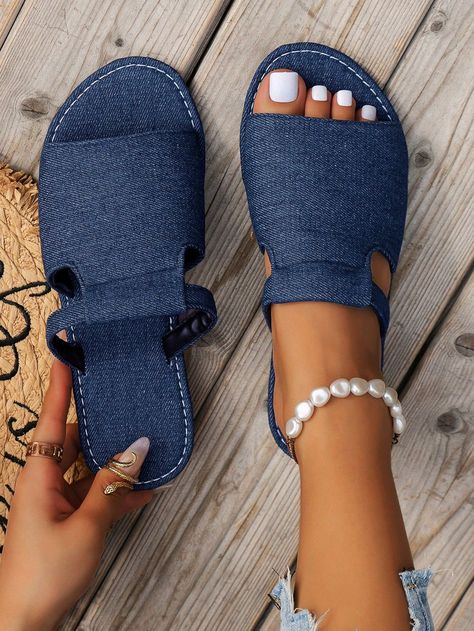 Canary Houze · Products · Step Out in Style with Women's Simple Denim Flat Sandals for Outdoor Adventures · Shopify Simple Sandals Flat, Footware Design, Flat Footwear For Women, Leather Slippers Diy, Denim Slippers, Jean Sandals, Shoe Makeover, Shoe For Women, Women Slippers Fashion