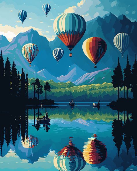 hot-air balloons, lake view reflexion, paint by number, AI Tela, Hot Air Balloon Painting Acrylic Easy, Ballon Art Painting, Hot Air Balloons Painting, Hot Air Ballon Drawings, Hot Air Balloon Acrylic Painting, Hot Air Balloon Painting Acrylic, Painting Hot Air Balloon, Ballon Painting