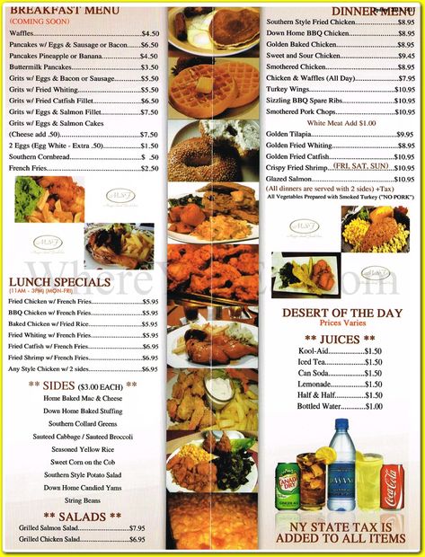 Soul Food Menu | Magic Soul Food African Restaurant in Brooklyn, 11233: Menus, Photos ... Restaurant Food Ideas Dishes, Soul Food Menu Ideas, Selling Plates, Soul Food Catering, Soul Food Menu, African Restaurant, Potstickers Recipe, Menu Art, Soul Food Restaurant