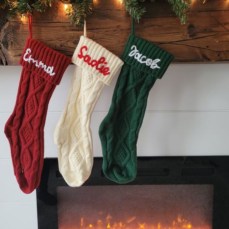Hand Embroidered Christmas Stockings, Name Stocking, Family Knitted Personalized Christmas Stockings Christmas Stockings With Names, Stockings With Names, Embroidered Stockings, Green Stockings, Christmas Gift For Family, Red Christmas Stockings, Personalized Christmas Stockings, Embroidered Christmas Stockings, Crochet Stocking