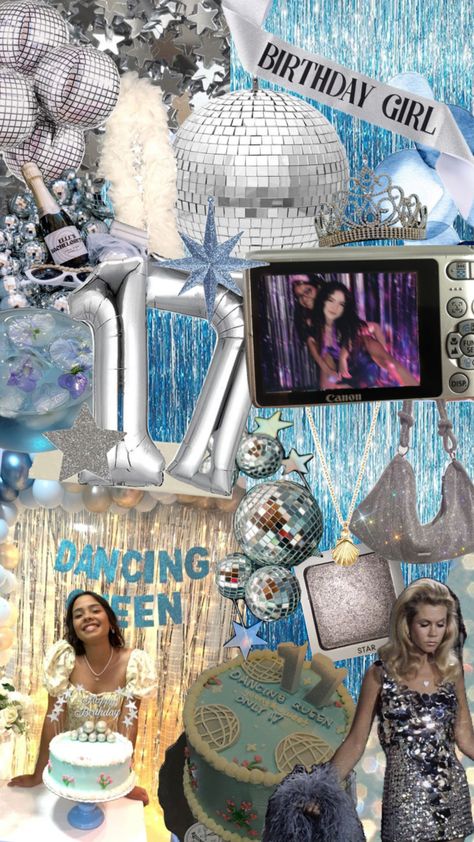 Disco Queen Party, 17 Theme Party, Blue Disco Party Decorations, Mama Mia Dinner Party Aesthetic, Mama Mia Birthday Party Decorations, 13 Birthday Theme Ideas, 17 Birthday Ideas Decoration, 17 Birthday Themes Party Ideas, Dancing Queen Birthday Theme