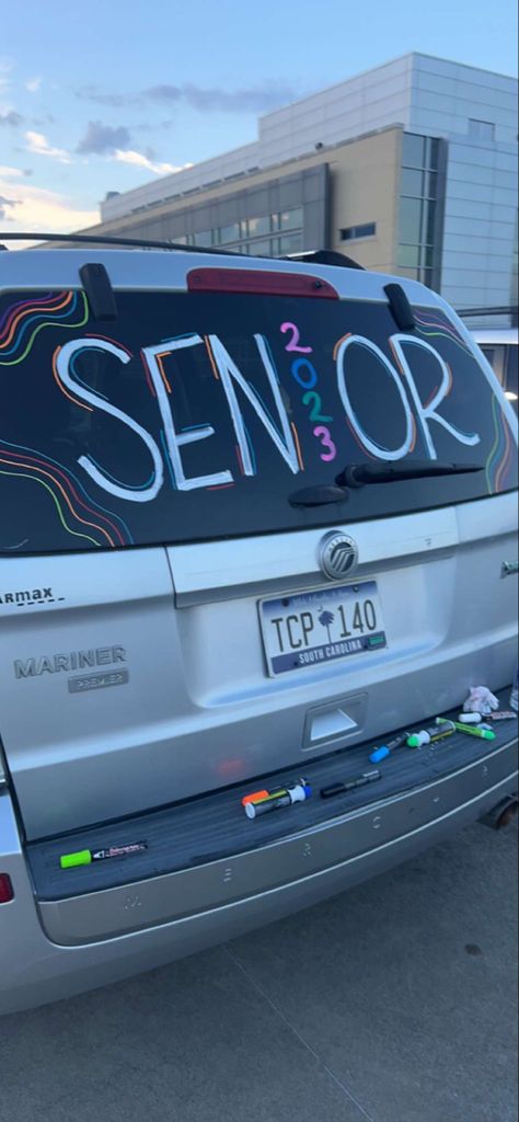 Senior Year Window Paint, Senior Car Marker Ideas, Car Decorations Senior Year, Graduating Car Decoration, Senior 2024 Car Paint, High School Senior Poster Ideas, 2024 Senior Car Paint, Senior Sunrise Car Paint, Senior Car Chalk