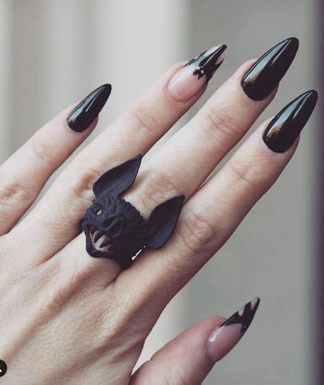 Halloween Nails, Ideas and Inspo For Spooky Season Nails Bats, Wolf Bat, Nail Bat, Bat Nails, Ring Combo, Bat Ring, Witchy Nails, Gothic Nails, Shaped Nails