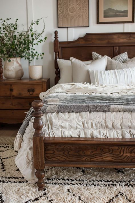 Budget-Friendly Bedroom Decor: Home Decor Inspo Guest Bedroom Country Farmhouse Style, Vintage Farmhouse Bed, Vintage Oak Bedroom Furniture, Vintage Inspired Bedroom Decor, Country Vibe Bedroom, Vintage Farmhouse Guest Bedroom, Farmhouse Bedroom Colorful, Double Wide Inspiration, Country Living Room Decorating Ideas Cozy Cabin Master Bedrooms