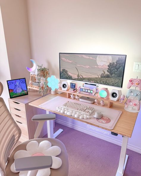 Happy Saturday!🌱 Just running some errands and buying some decor today. I also got this perfect matcha green wallpaper from @viktojadesigns to add that extra warmth that my setup needed💚 Take care and have a good weekend🫶🏻 🌿 desk setup | gaming setup | desk setup ideas 🏷️ #setupinspiration #deskgram #kawaiiaesthetic #cozydesksetup #cozygamer #cozyaesthetic #deskgoals #desksituation Table Computer Design, Work And Gaming Desk Setup, White And Pink Desk Setup, Matcha Desk Setup, Small Desk Gaming Setup, Cute Office Set Up, Comfy Gaming Room, Pastel Purple Gaming Setup, Studying Desk Ideas