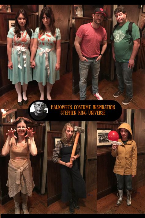 Halloween Costume Inspiration - Stephen King Universe  Triumph Books does Halloween.  #halloweenDIY #halloween2017 #Halloweencostumes #stephenking #stephenkingcostumes #cujo #theshining #thegradytwins  #standbyme #anniewilkes #misery #IT #georgie #halloweenparty #teamtriumph #literaryhalloweencharacters #literary #literarycostumes @TriumphBooks Stephen King Characters Costumes, Stephen King Halloween Costumes, Stephen King Costumes, Stephen King Halloween Decorations, Stephen King Themed Party, Stephen King Party Ideas, Misery Costume, Stephen King Party, Literary Costumes