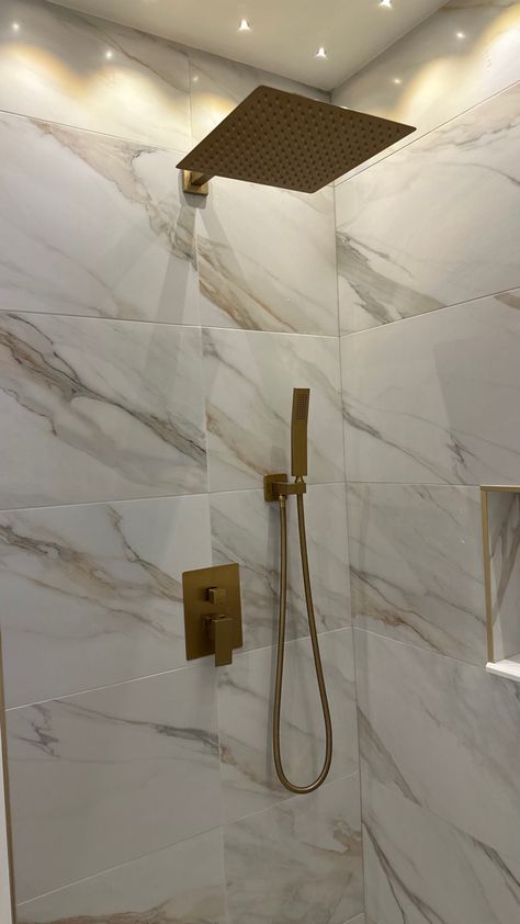 This new and contemporary shower head set is a gorgeous staple piece for a bathroom! Comes in different colors and sizes but this gold color is gorgeous! Check out my link and follow for more inspo! #sponsored #affiliatelink #bathroom #bathroomideas #bathroomremodel #showerdesign #showerrenovation #remodel Flush Mount Shower Head, Mist Shower Head, Gold Waterfall Shower Head, Gold Rain Shower Head, Bathroom Shower Head Ideas, Modern Shower Heads, Shower Head Ideas, Gold Shower Head, Gold Shower Fixtures