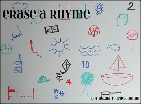 BMTMErasearhyme1 Erase Me Rhyming Activity, Erase A Rhyme Activities, White Board Games For Kids, Dry Erase Board Games, White Board Games, Kids Fun Activities, Whiteboard Paint, Prek Literacy, Rhyming Games