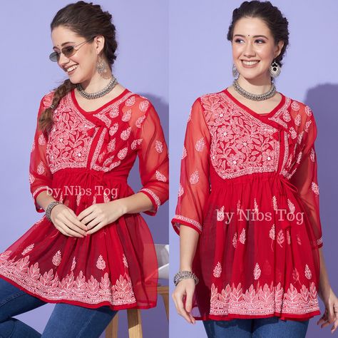 Red Chikankari Kurta With Jeans, Chikankari Outfits, Short Kurti Top, Chikankari Short Kurti, Short Kurti Designs, Kurti With Jeans, Kurti Top, Kurta Top, Top With Jeans