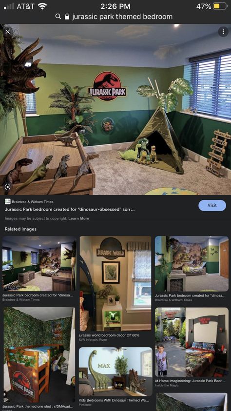 Jurassic Room Ideas, Jurassic Park Baby Room, Jurassic World Room Decor, Jurassic Park Themed Bedroom, Dinosaurs Room Ideas Bedrooms, Dinosaur Display Boy Rooms, Jurassic World Bedroom Ideas, Jurassic Park Room Decor, Jurassic Park Bedroom Ideas