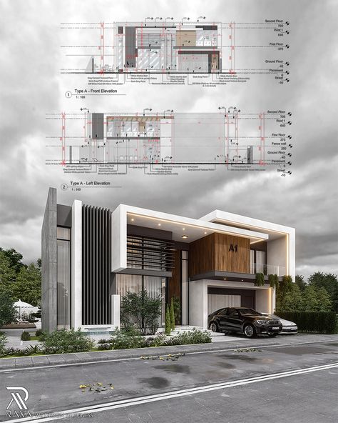 Behance'te ALUX EXCLUSIVE SUITS - architectural design project Modern Villa Plan Luxury, Villa Elevation Modern, Slope Villa, Villa Facade Design, Modern Villa Exterior, Villa Exterior Design, Home Designs Exterior, Villa Design Architecture, Architecture Elevation