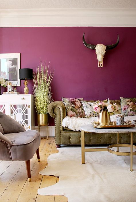 plum living room with gold accents and olive green velvet sofa Plum Living Rooms, Nursery Wallpaper Boy, Living Room Light, Sophisticated Bathroom, Let There Be Light, Picture Rail, Grey Lounge, Green Velvet Sofa, Room Light