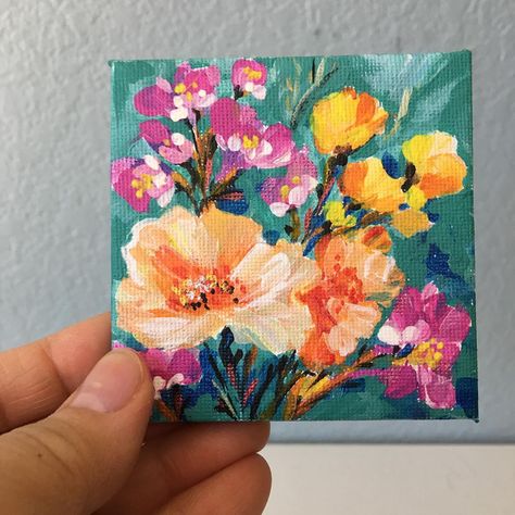 Little cutie! I'm in such mood of painting small! Mini canvas on easel, it's a fridge magnet too - 3"x3" Check it out on my Etsy shop 😃! .… Small Paintings Acrylic, Painted Magnets Ideas, Mini Canvases Ideas, Mini Canvas Flower Paintings, Small Square Paintings, Easy Mini Paintings, Mini Flower Paintings, Small Square Canvas Painting Ideas, Tiny Paintings Ideas