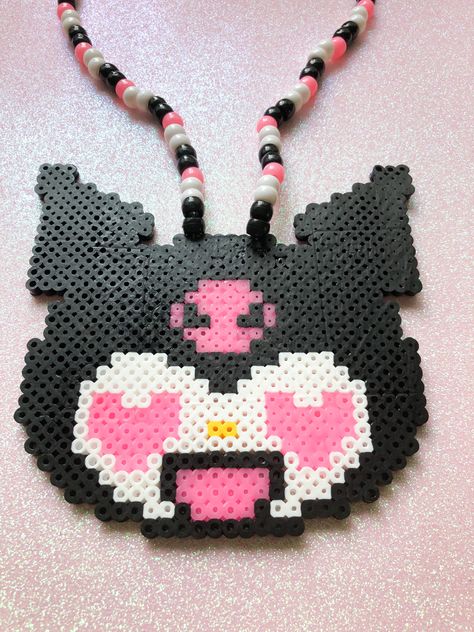 Kuromi Pearl Beads, Kuromi Fuse Beads, Perler Bead Kandi Necklace, Bratz Perler Beads, Kuromi Hama Beads, Kuromi Kandi, Kandi Perler Pattern, Kuromi Perler Beads, Edc Perler