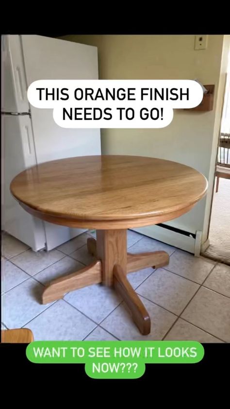repurposed_refinished_upcycled on Instagram: This is solid oak table, but orange old finish needs to go. So now it’s new and modern! Did you like the transformation? #savetheplanet… Refinishing Coffee Table Diy, Painted Oak Dining Table And Chairs, Round Table Refurbish Ideas, Oak Round Table Makeover, Furniture Makeover Kitchen Table, Refurbish Wooden Chair, Upcycle Round Table, Orange Dining Room Table, Refinishing Old Oak Table