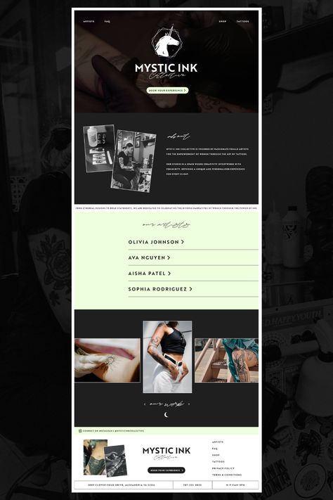 Homepage website design for a tattoo studio. Custom Showit website designed by Sarah Joy Street. 
Tattoo Website Design | Website Design Inspiration | Edgy Website Design Edgy Website Design, Edgy Website, Logo Design Tattoo, Design Website Layout, Website Design Modern, Homepage Website, Street Custom, Tattoo Website, Sarah Joy