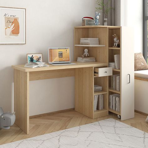 49.2" Natural Hidden Bookshelf Desk with Storage & Universal Rollers Desk With Hidden Compartments, Desk With Bookshelf On Side, Space Saver Bookshelves, Cool Bedroom Desk, Bedroom Desk Storage, Bookshelf Furniture Design, Reading Desk Ideas, Study Desk Minimal, Light Wooden Desk