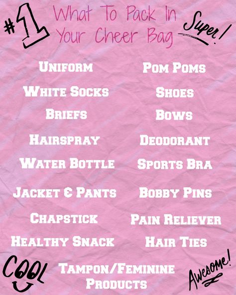 What to pack in your cheer bag! Game Day Packing List Cheer, Things To Pack In Your Cheer Bag, Stuff To Put In Your Cheer Bag, Whats In My Cheer Bag For Practice, What To Put In A Cheer Bag, Things To Have In Your Cheer Bag, Cheer Packing List Competition, Cheer Mom Essentials, What To Have In Your Cheer Bag