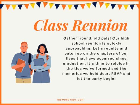 School Reunion Invitation Wording Reunion Invitations High School, Reunion Quotes, Class Reunion Planning, Class Reunion Invitations, High School Class Reunion, Reunion Invitation, Wording Ideas, Friendsgiving Invite, Reunion Invitations