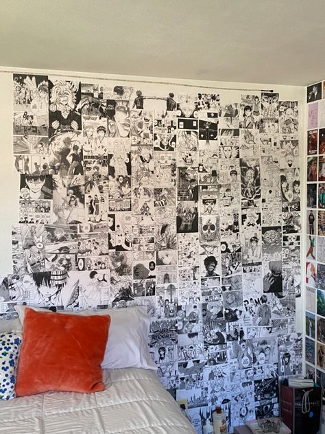 Manga Wall Bedroom, Manga Wall Room, Anime Bedroom Ideas, Comic Room, Wall Stickers Room, Manga Wall, Doll House Crafts, Attic Bedrooms, Black Room