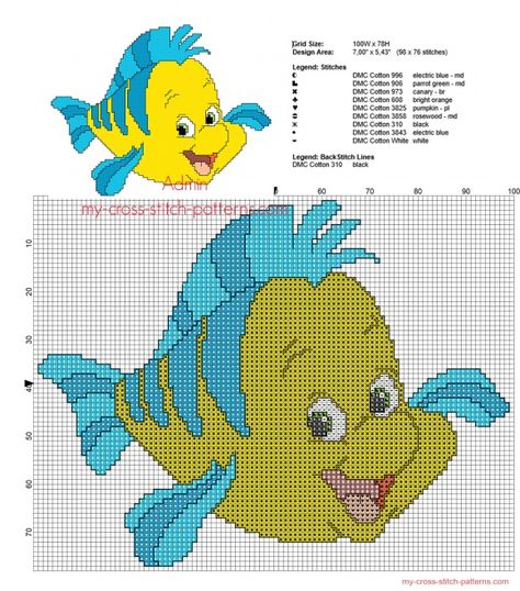 Flounder from Disney The Little Mermaid cross stitch pattern with back stitch use Free Cross Stitch Patterns To Download, Flounder Disney, Mermaid Cross Stitch Pattern, Mermaid Cross Stitch, Disney The Little Mermaid, Patterns Simple, Disney Cross Stitch Patterns, Crochet Disney, Disney Cross Stitch