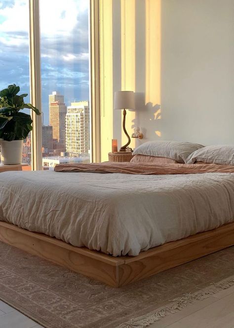 Queen Size Bed Floor, Low Bed Base Ideas, Simple Light Wood Bedframe, Bedroom Bedframe Inspirations, Wood Platform Bed No Headboard, Bedroom Ideas Low Bed, Room Inspo Low Bed, Bed Frames Simple, Platform Wood Bed Frame