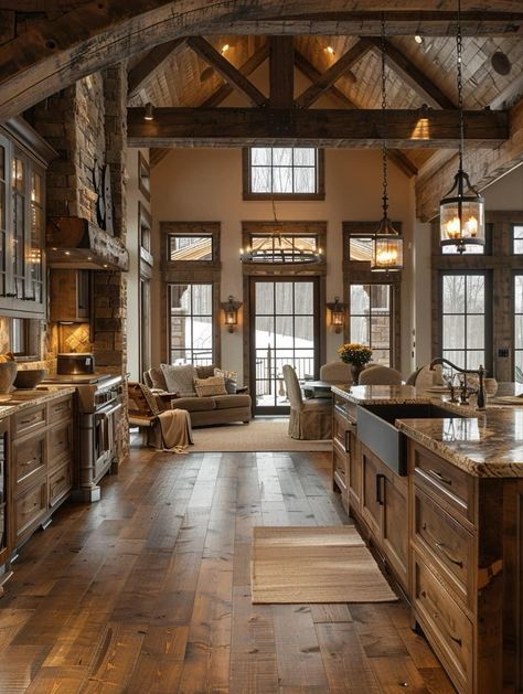 Country Houses Interiors, Rustic House Kitchen, Old Fashioned Interior, Country Dream House, Cabin House Interior, Home In Woods, Kitchen Inspirations Rustic, Woodsy House, Cabin Style Kitchen