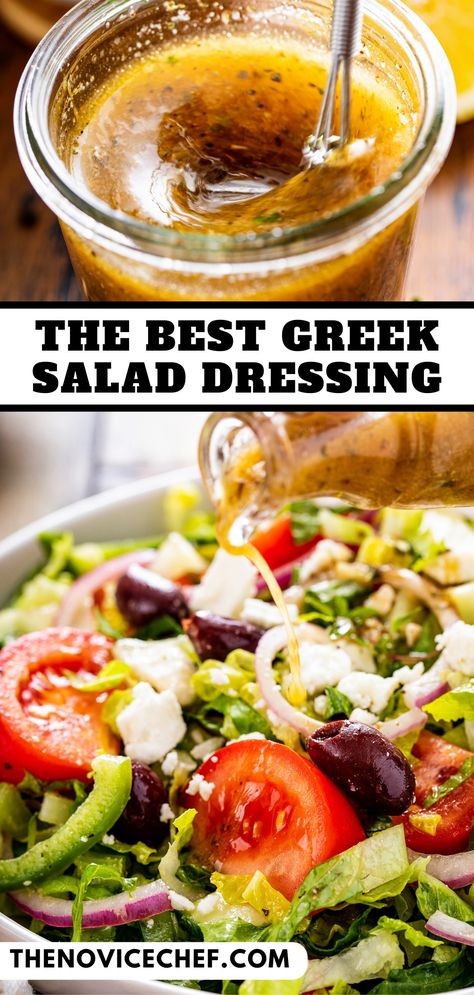 This flavorful Greek salad dressing recipe is made with tangy dijon mustard, zesty lemon juice, and homemade Greek seasoning. So good! Vinegarette Dressing Recipe, Authentic Greek Salad Dressing, Mediterranean Salad Dressing, Greek Salad Dressing Recipe, Healthy Dressing Recipes, Homemade Greek Dressing, Best Greek Salad, Italian Dressing Recipes, Easy Salad Dressing Recipes