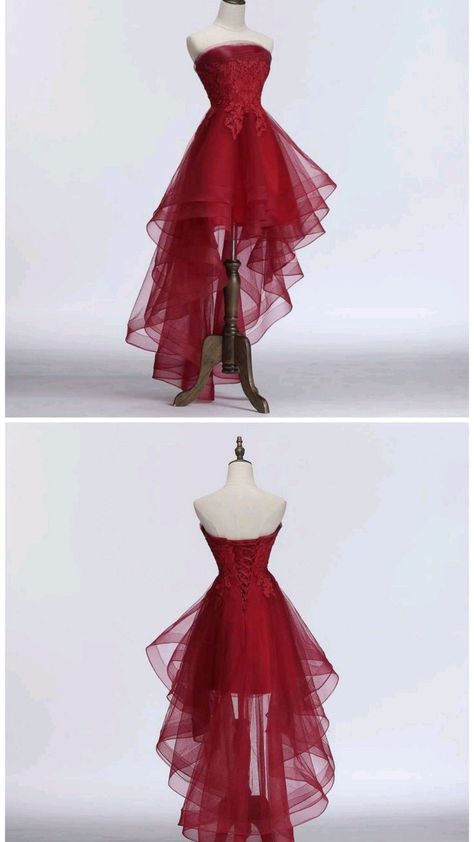 High Low Poofy Dress, Burgundy Prom Dress Short, Short Red And Black Dress, High Low Western Dress, Calf Length Prom Dress, Dresses Short In Front Long In Back, Knee High Dresses Formal, Beautiful Red Dresses Short, Wizard Of Oz Homecoming Dress